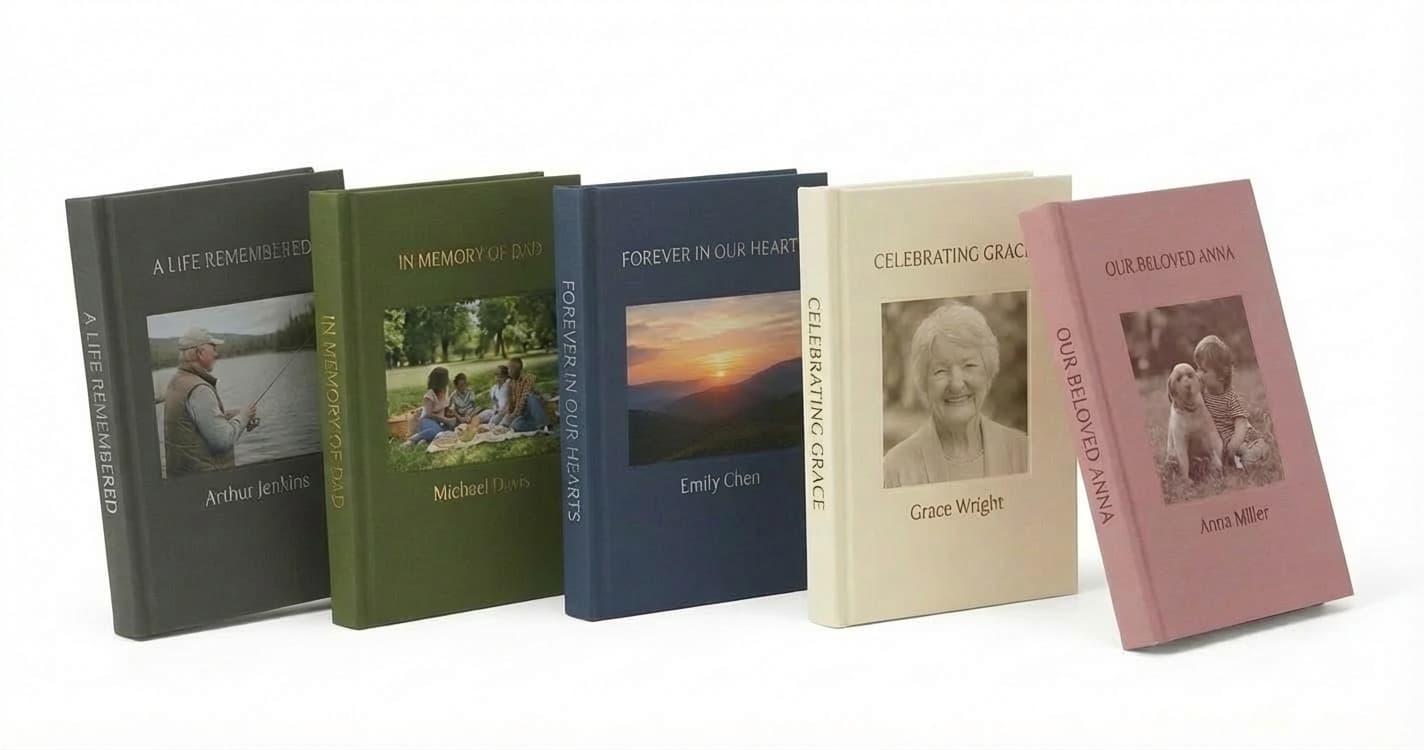 Collection of five StoryKnit hardcover memorial books with personalized covers