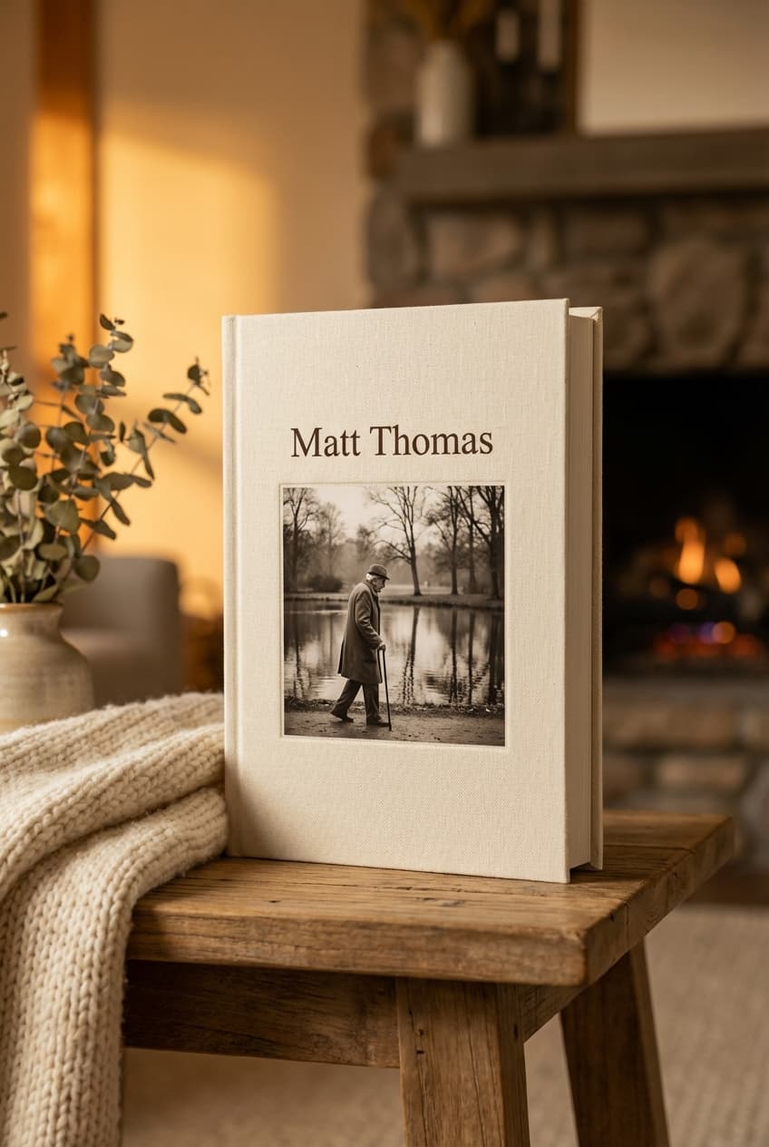 A hardcover memorial book on a warm wooden table, slightly open with a ribbon bookmark