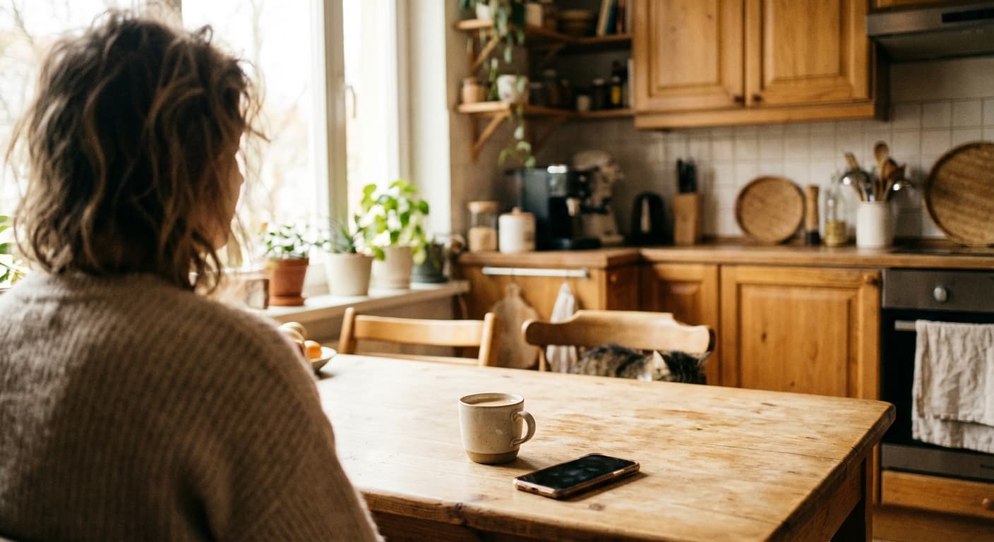 A woman talking naturally at her kitchen table, smiling mid-conversation